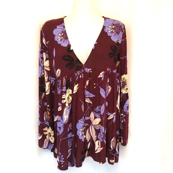 FREE PEOPLE Bella Floral Maroon Babydoll Tunic Top - Picture 2 of 9
